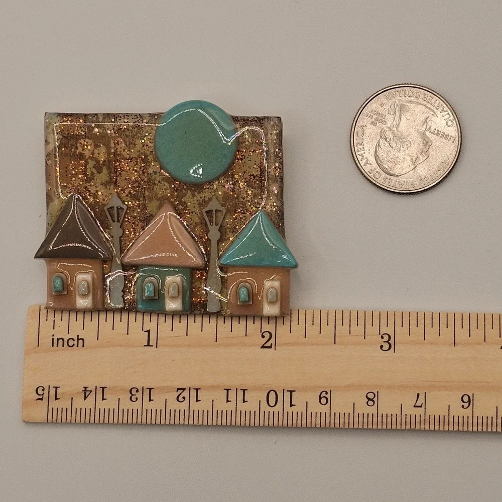 House Pins by Lucinda Brooch‎ Vintage Brown Teal Village Moon Glitter Art Pin